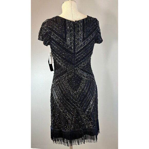 Aidan Mattox NWT Beaded Fringe Trim Cocktail Dress in Navy Size 10 - Picture 4 of 5